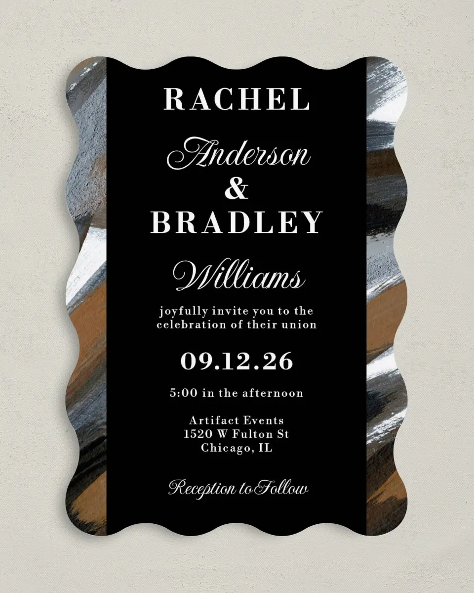 This is a 5" x 7" Wavy Wedding Invitation called Moody Swashes printed in full color on Premium Smooth paper