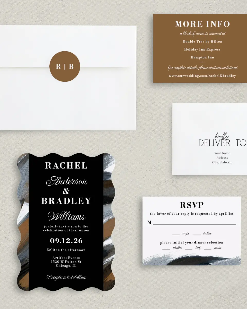 This is a 5" x 7" Wavy Wedding Invitation called Moody Swashes printed in full color with Gold foil on Luxe Satin (coated) paper