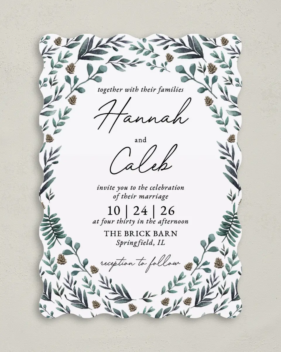 This is a 5" x 7" Wavy Wedding Invitation called Pinecone Allure printed in full color on Premium Smooth paper