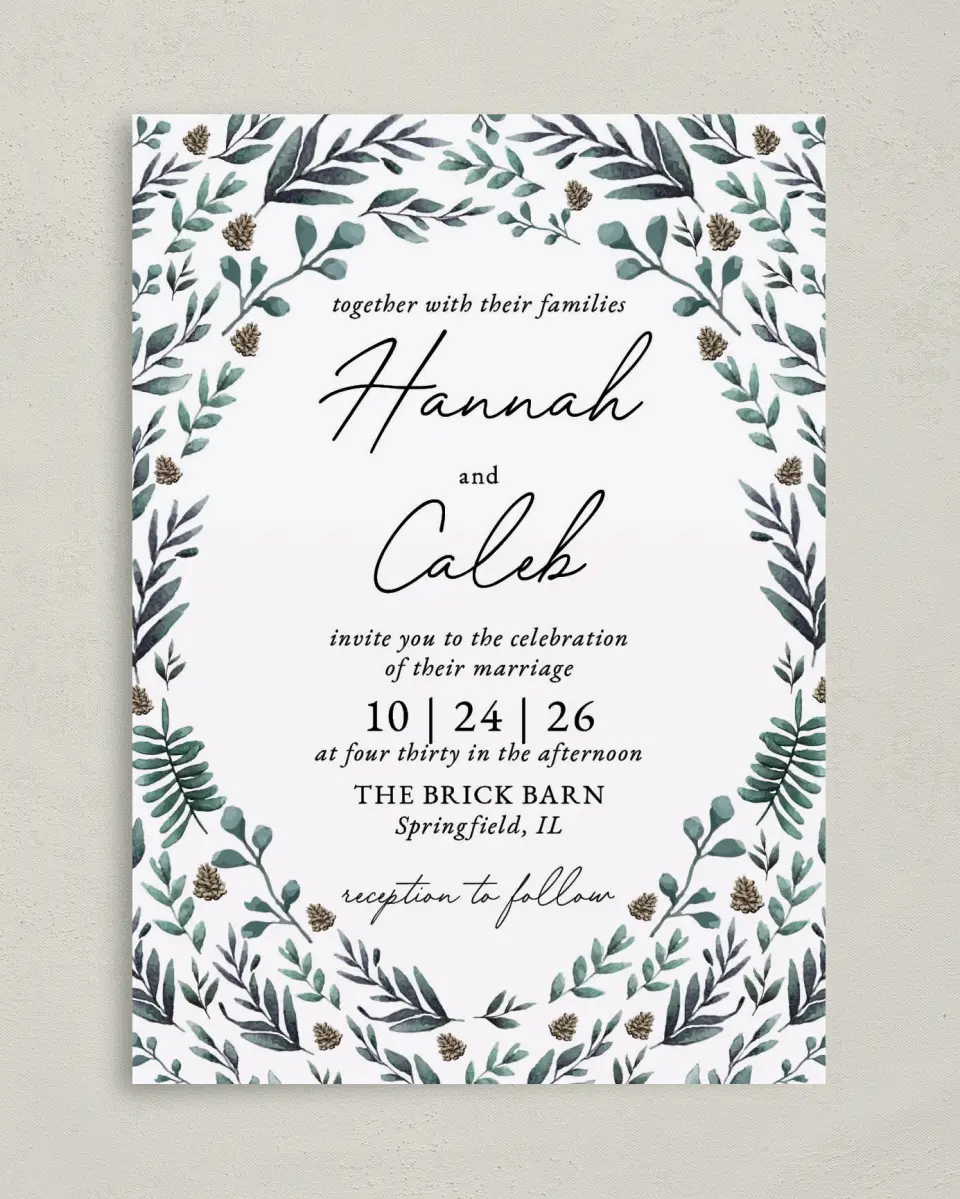 This is a 5" x 7" Classic Wedding Invitation called Pinecone Allure printed in full color on Premium Smooth paper