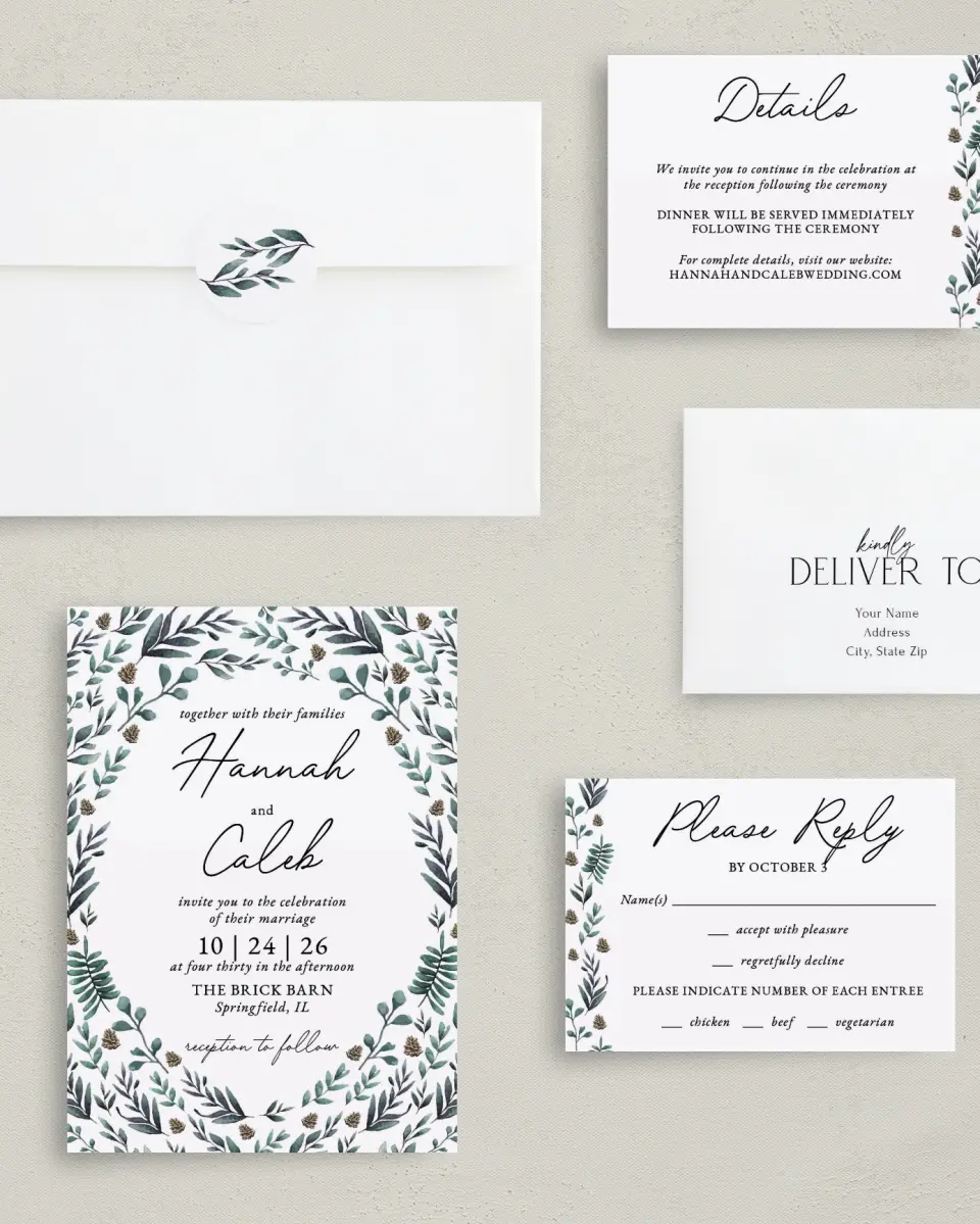 This is a 5" x 7" Classic Wedding Invitation called Pinecone Allure printed in full color with Gold foil on Luxe Satin (coated) paper