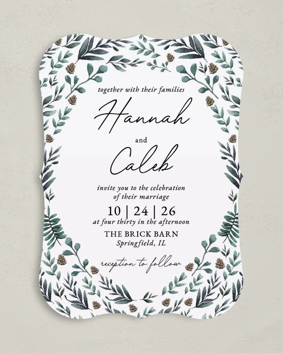 This is a 5" x 7" Bracket Wedding Invitation called Pinecone Allure printed in full color with Silver foil on Luxe Satin (coated) paper