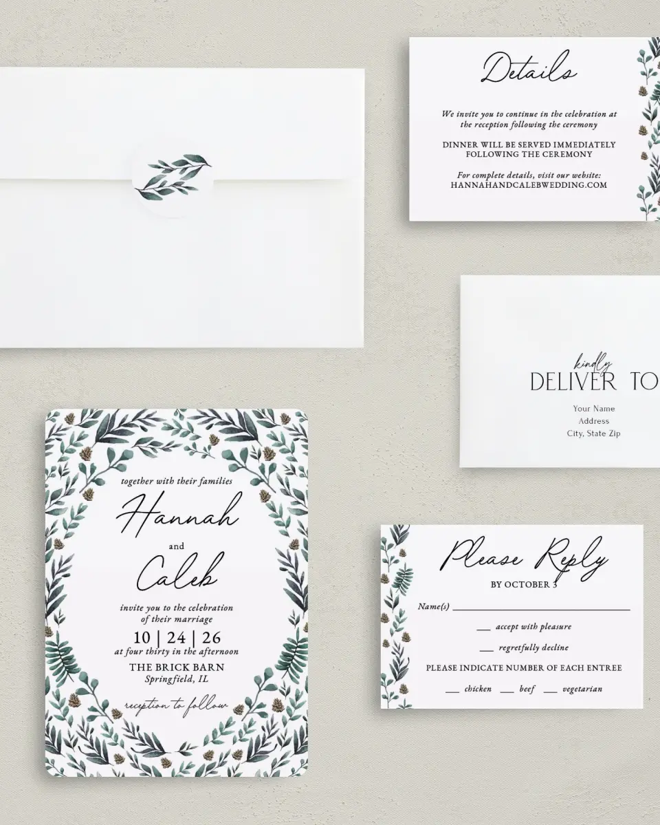 This is a 5" x 7" Rounded Wedding Invitation called Pinecone Allure printed in full color with Rose Gold foil on Luxe Satin (coated) paper