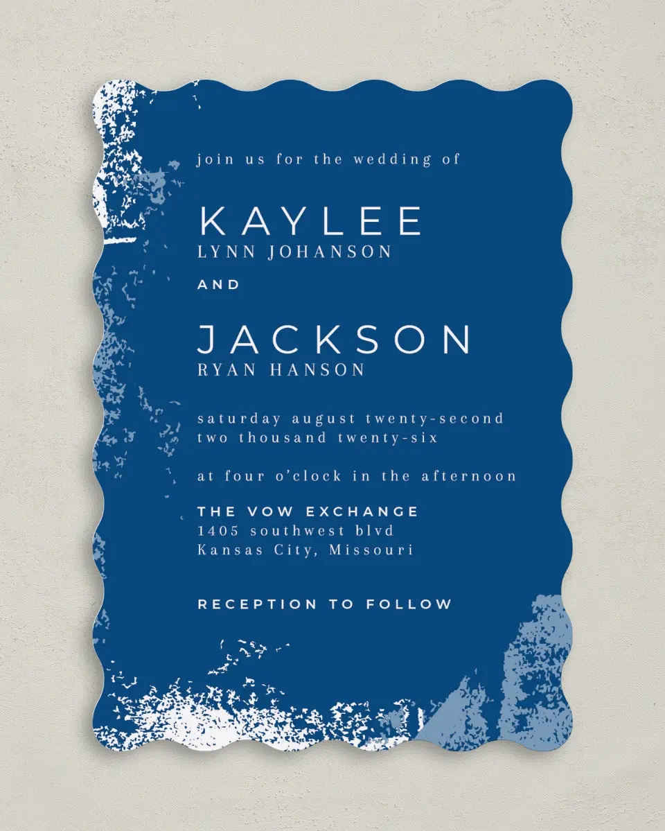 This is a 5" x 7" Wavy Wedding Invitation called Set in Stone printed in full color on Premium Smooth paper