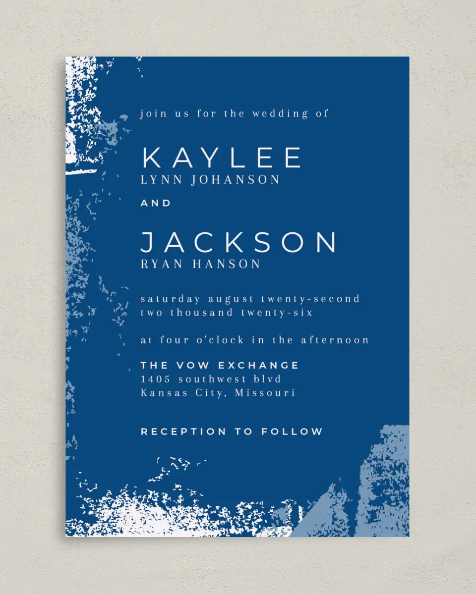 This is a 5" x 7" Classic Wedding Invitation called Set in Stone printed in full color with Gold foil on Luxe Satin (coated) paper