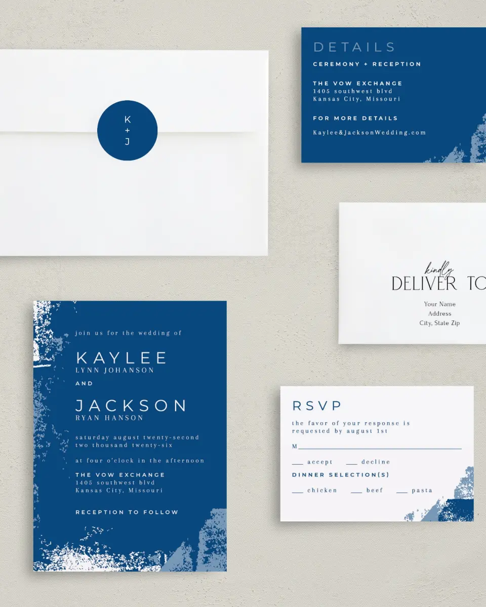 This is a 5" x 7" Classic Wedding Invitation called Set in Stone printed in full color with Gold foil on Luxe Satin (coated) paper