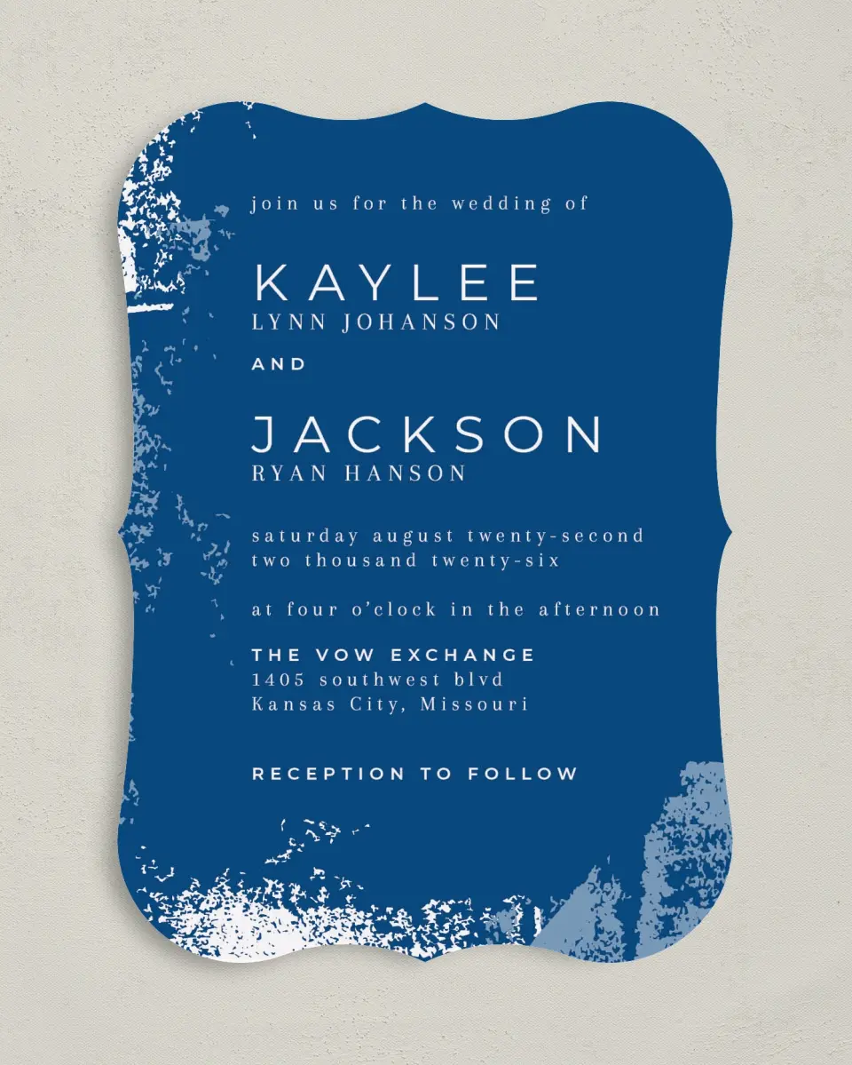 This is a 5" x 7" Bracket Wedding Invitation called Set in Stone printed in full color on Premium Smooth paper
