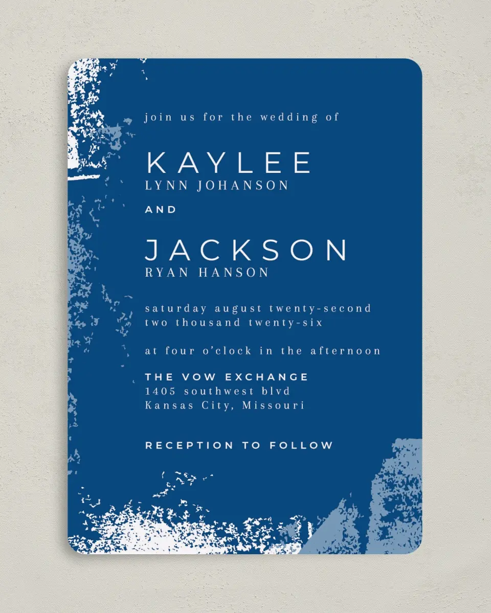 This is a 5" x 7" Rounded Wedding Invitation called Set in Stone printed in full color on Premium Smooth paper
