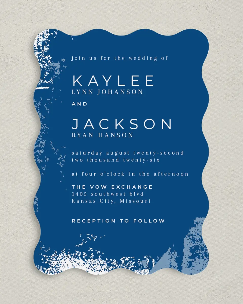 This is a 5" x 7" Wavy Wedding Invitation called Set in Stone printed in full color on Premium Smooth paper