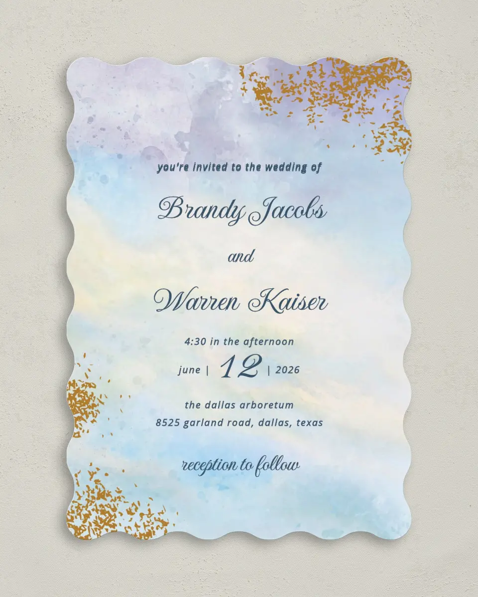 This is a 5" x 7" Wavy Wedding Invitation called Dreamy Sky printed in full color on Premium Smooth paper