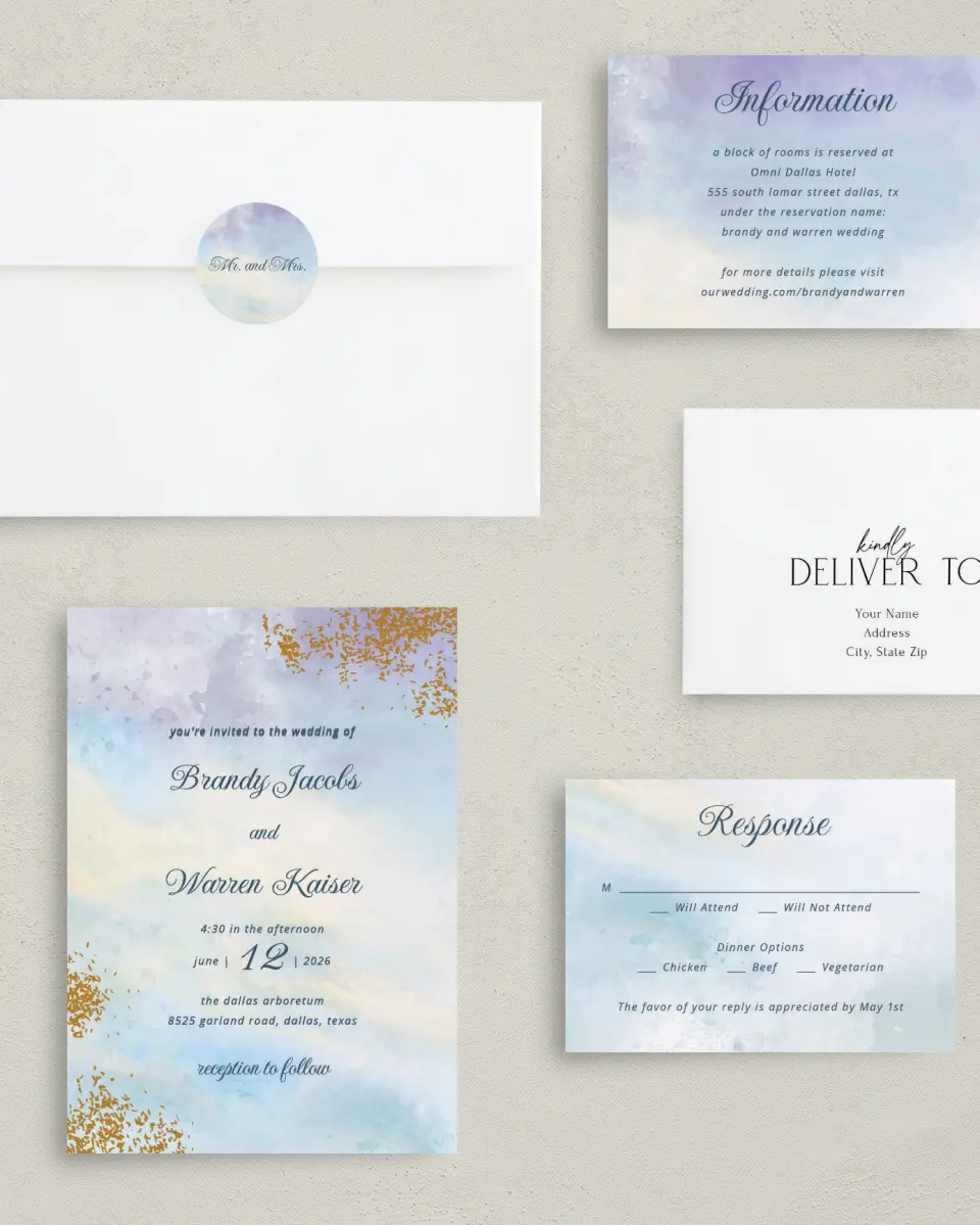 This is a 5" x 7" Classic Wedding Invitation called Dreamy Sky printed in full color on Premium Smooth paper