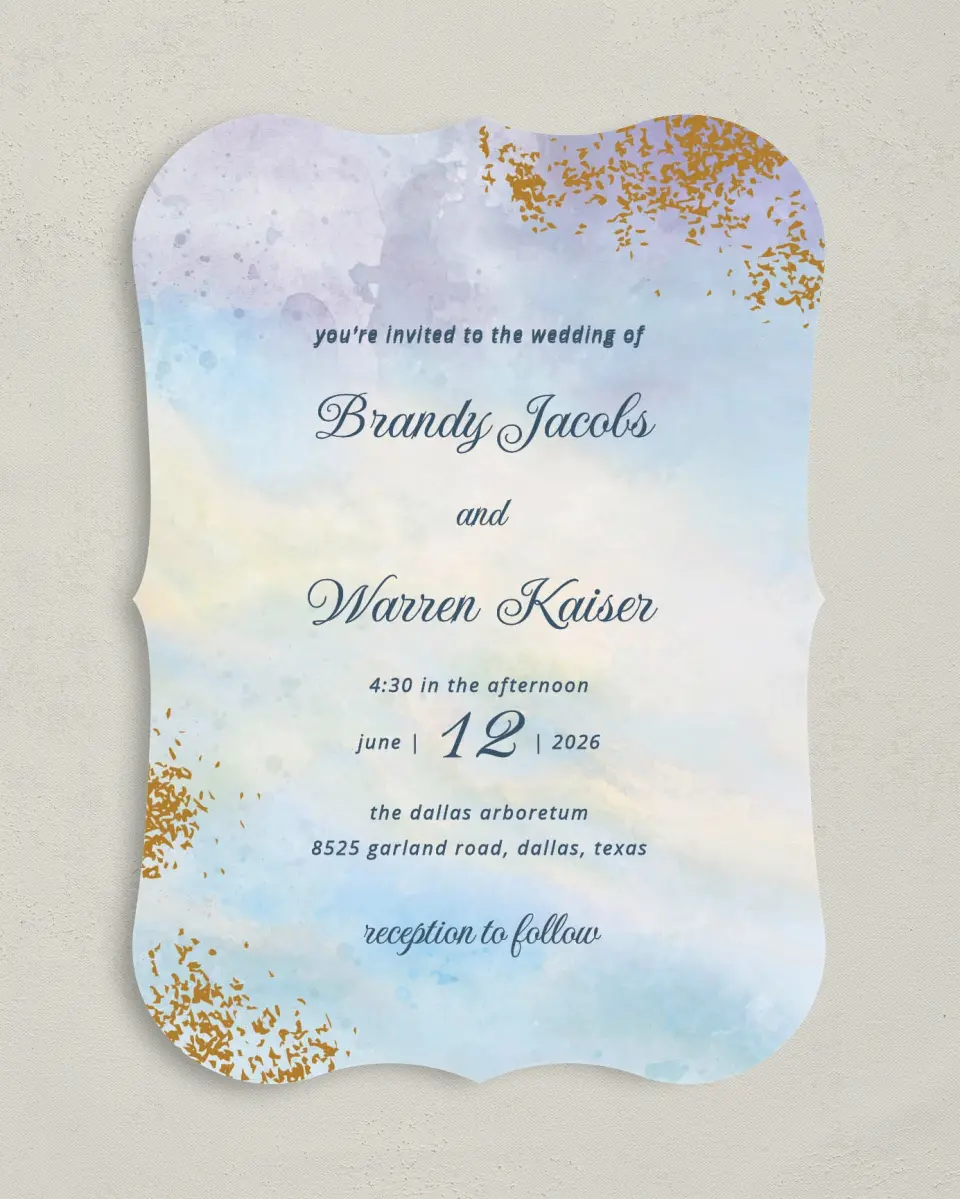 This is a 5" x 7" Bracket Wedding Invitation called Dreamy Sky printed in full color with Silver foil on Luxe Satin (coated) paper