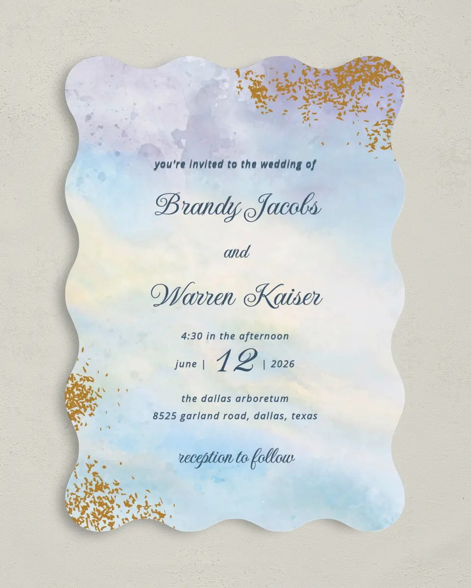 This is a 5" x 7" Wavy Wedding Invitation called Dreamy Sky printed in full color on Premium Smooth paper