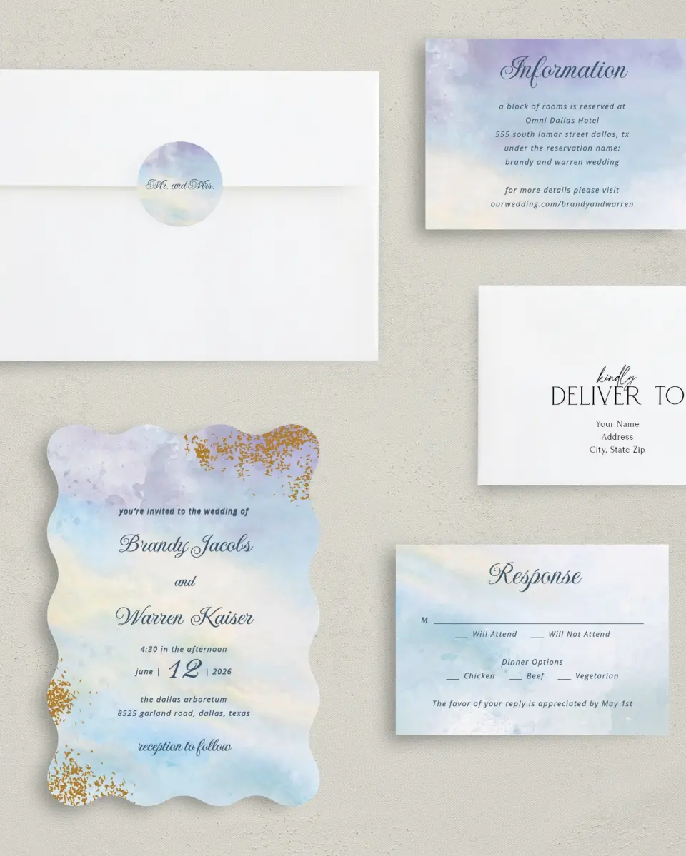 This is a 5" x 7" Wavy Wedding Invitation called Dreamy Sky printed in full color with Rose Gold foil on Luxe Satin (coated) paper