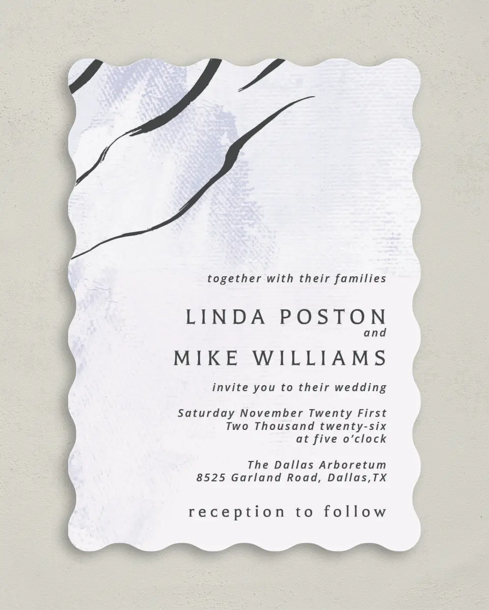 This is a 5" x 7" Wavy Wedding Invitation called Gilded Marble printed in full color on Premium Smooth paper