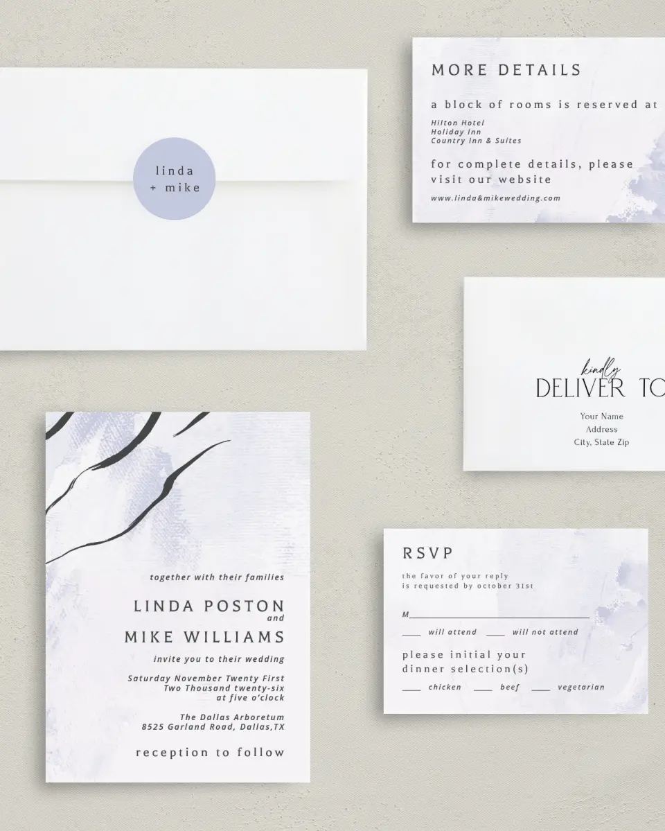 This is a 5" x 7" Classic Wedding Invitation called Gilded Marble printed in full color with Gold foil on Luxe Satin (coated) paper