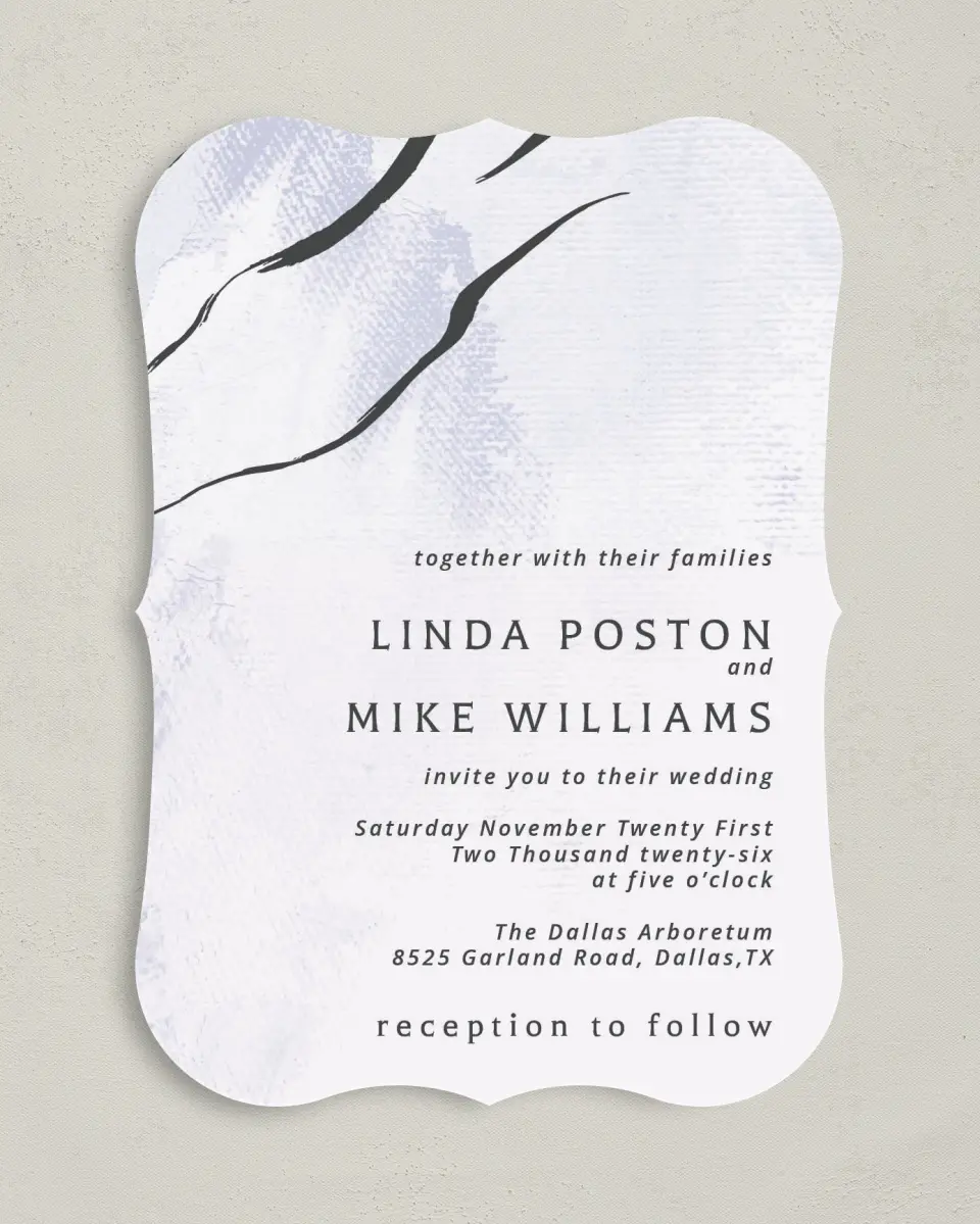 This is a 5" x 7" Bracket Wedding Invitation called Gilded Marble printed in full color on Premium Smooth paper