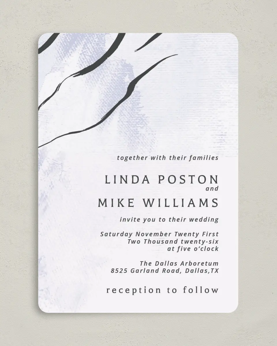 This is a 5" x 7" Rounded Wedding Invitation called Gilded Marble printed in full color on Premium Smooth paper