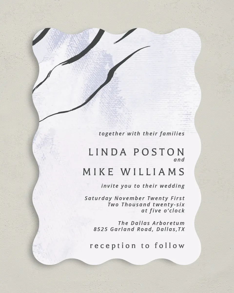 This is a 5" x 7" Wavy Wedding Invitation called Gilded Marble printed in full color on Premium Smooth paper