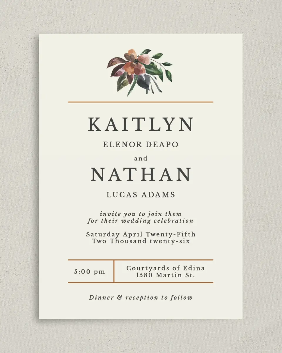 This is a 5" x 7" Classic Wedding Invitation called Golden Blooms printed in full color on Premium Smooth paper