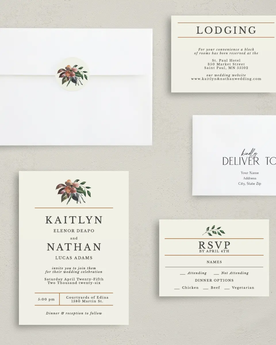This is a 5" x 7" Classic Wedding Invitation called Golden Blooms printed in full color with Gold foil on Luxe Satin (coated) paper