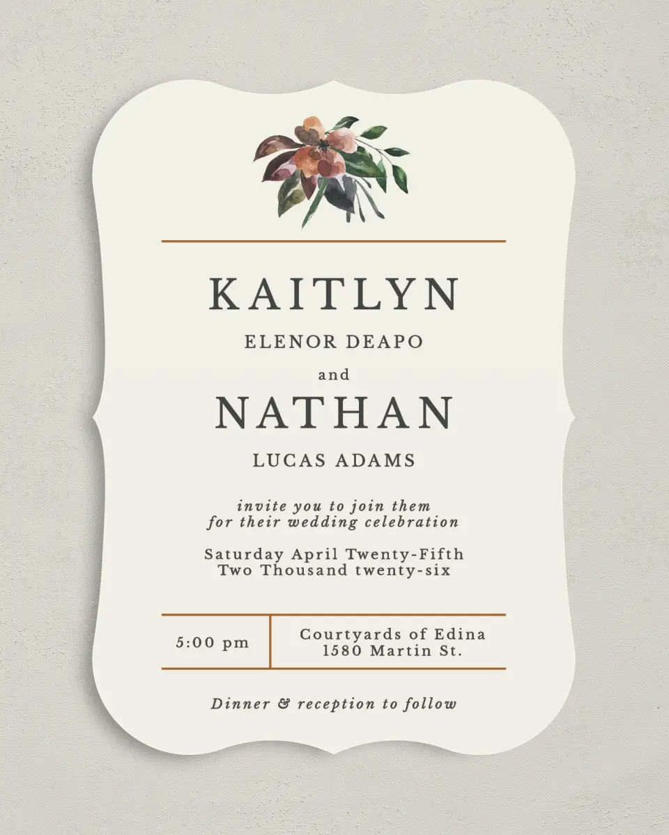 This is a 5" x 7" Bracket Wedding Invitation called Golden Blooms printed in full color on Premium Smooth paper