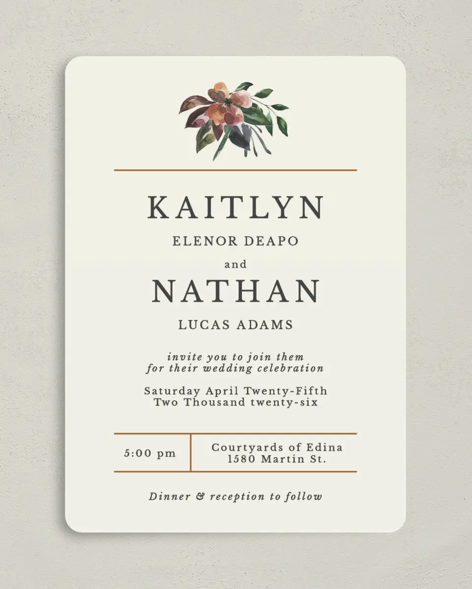 This is a 5" x 7" Rounded Wedding Invitation called Golden Blooms printed in full color on Premium Smooth paper