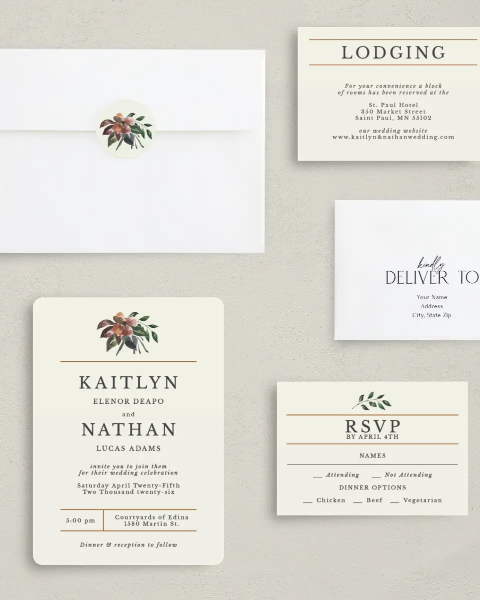 This is a 5" x 7" Rounded Wedding Invitation called Golden Blooms printed in full color with Gold foil on Luxe Satin (coated) paper