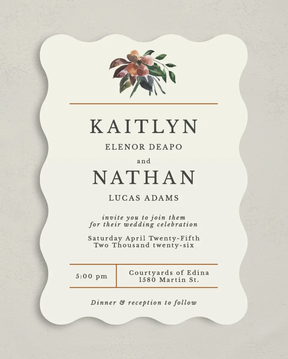 This is a 5" x 7" Wavy Wedding Invitation called Golden Blooms printed in full color on Premium Smooth paper