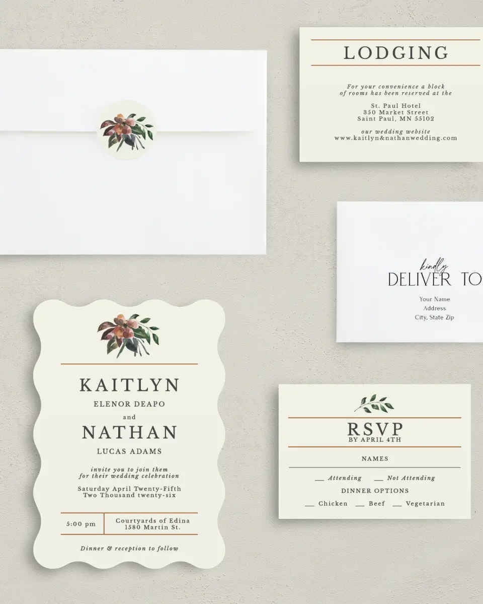 This is a 5" x 7" Wavy Wedding Invitation called Golden Blooms printed in full color with Silver foil on Luxe Satin (coated) paper