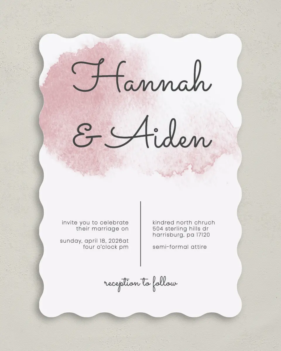 This is a 5" x 7" Wavy Wedding Invitation called Watercolor Rapture printed in full color on Premium Smooth paper