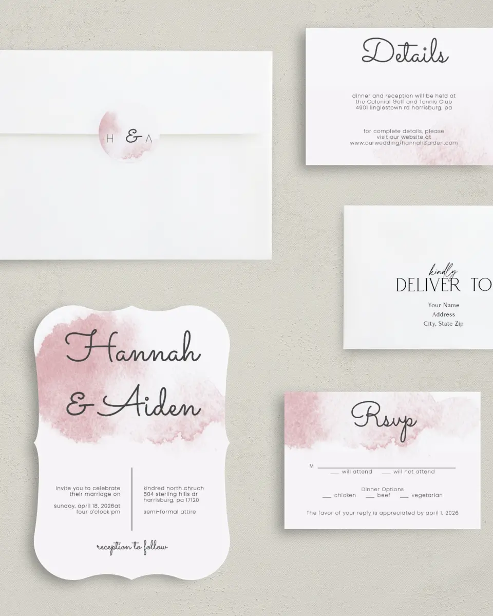 This is a 5" x 7" Bracket Wedding Invitation called Watercolor Rapture printed in full color with Silver foil on Luxe Satin (coated) paper