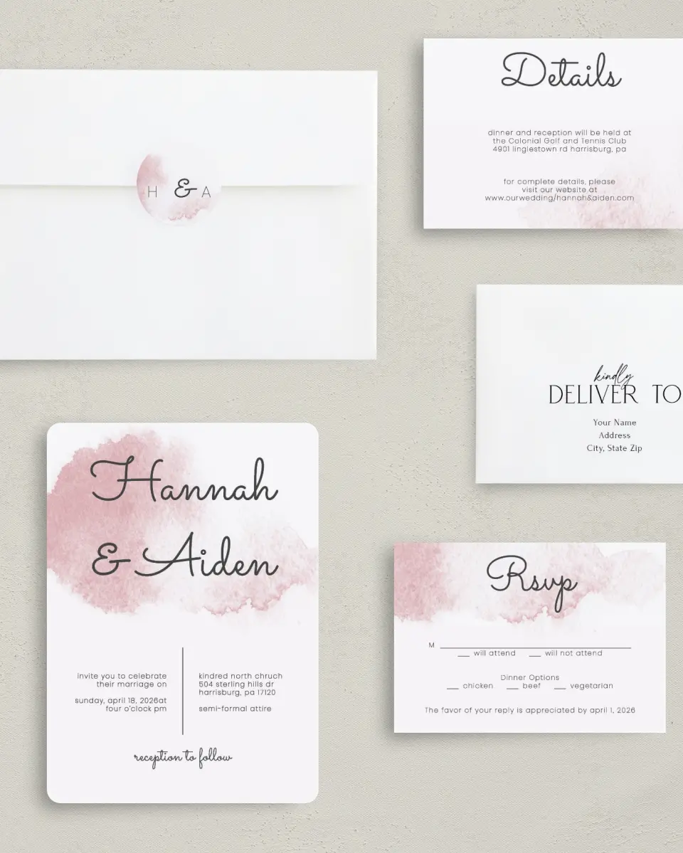 This is a 5" x 7" Rounded Wedding Invitation called Watercolor Rapture printed in full color with Rose Gold foil on Luxe Satin (coated) paper