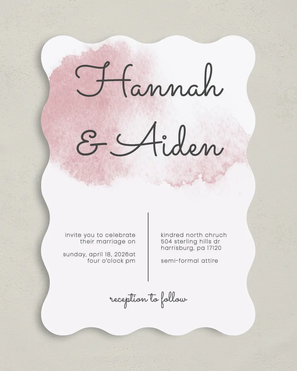 This is a 5" x 7" Wavy Wedding Invitation called Watercolor Rapture printed in full color on Premium Smooth paper