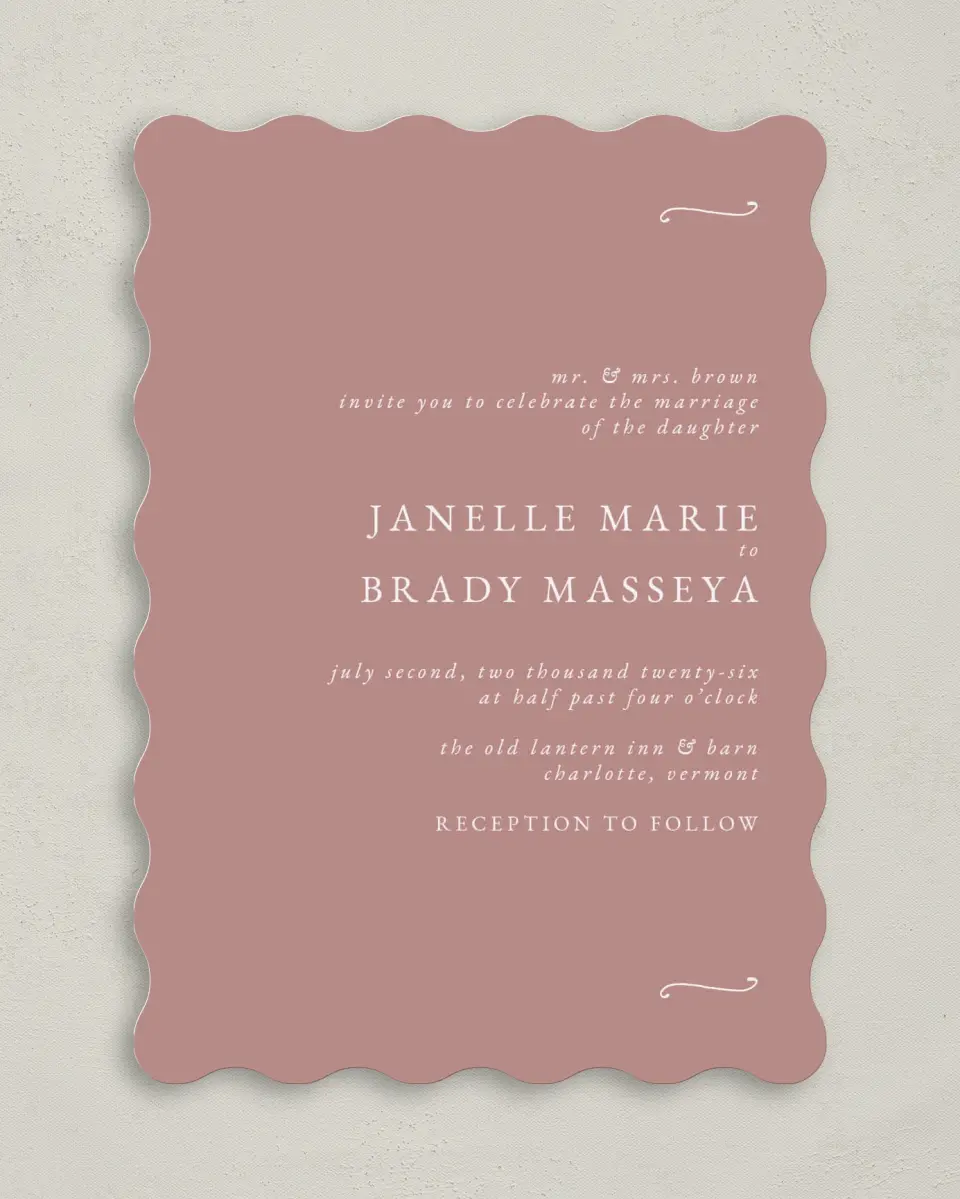 This is a 5" x 7" Wavy Wedding Invitation called Modern Whisper printed in full color on Premium Smooth paper