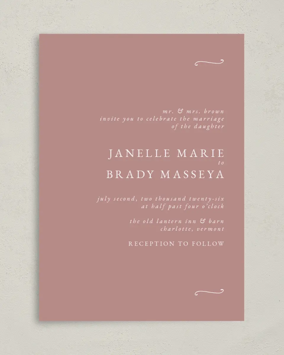 This is a 5" x 7" Classic Wedding Invitation called Modern Whisper printed in full color on Premium Smooth paper