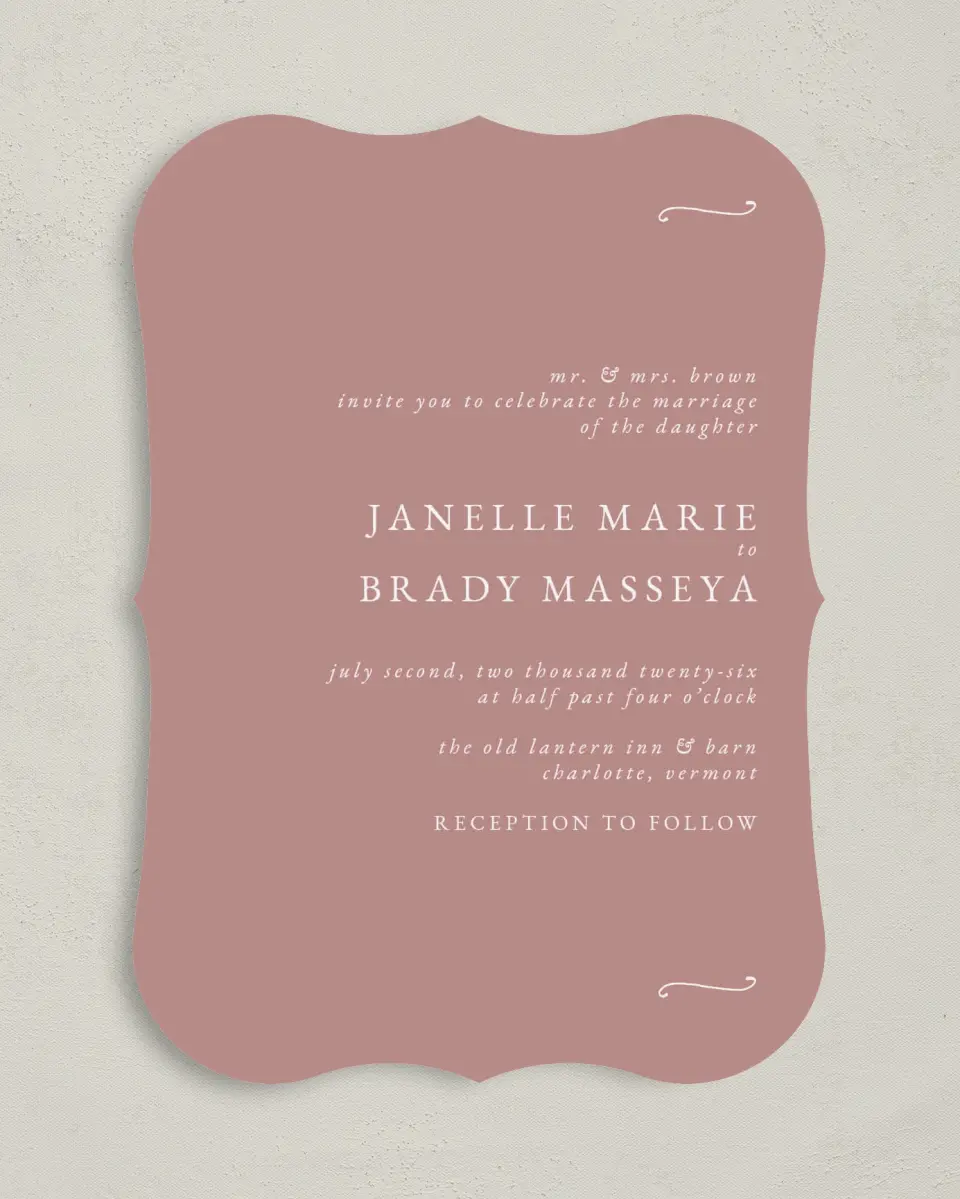 This is a 5" x 7" Bracket Wedding Invitation called Modern Whisper printed in full color on Premium Smooth paper