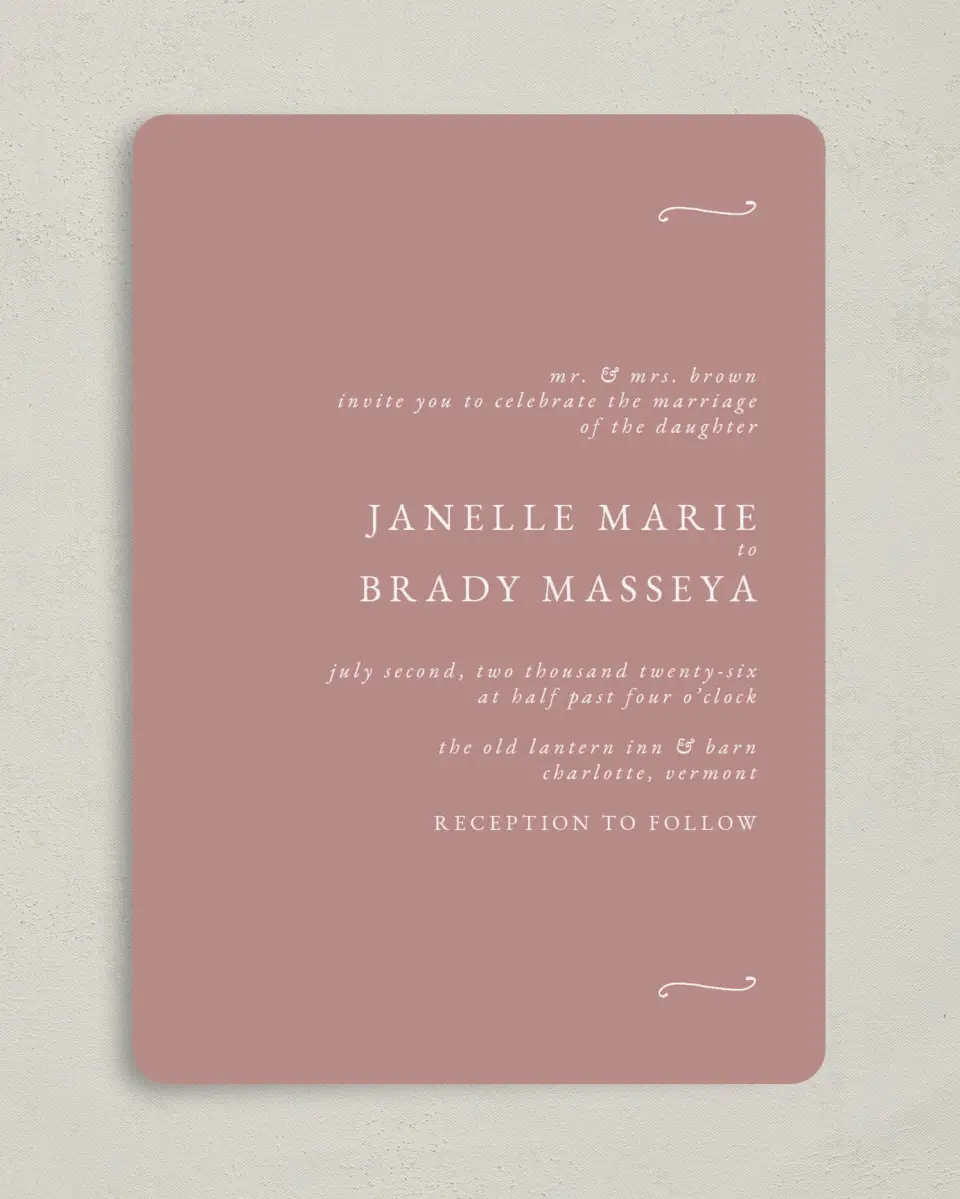 This is a 5" x 7" Rounded Wedding Invitation called Modern Whisper printed in full color on Premium Smooth paper