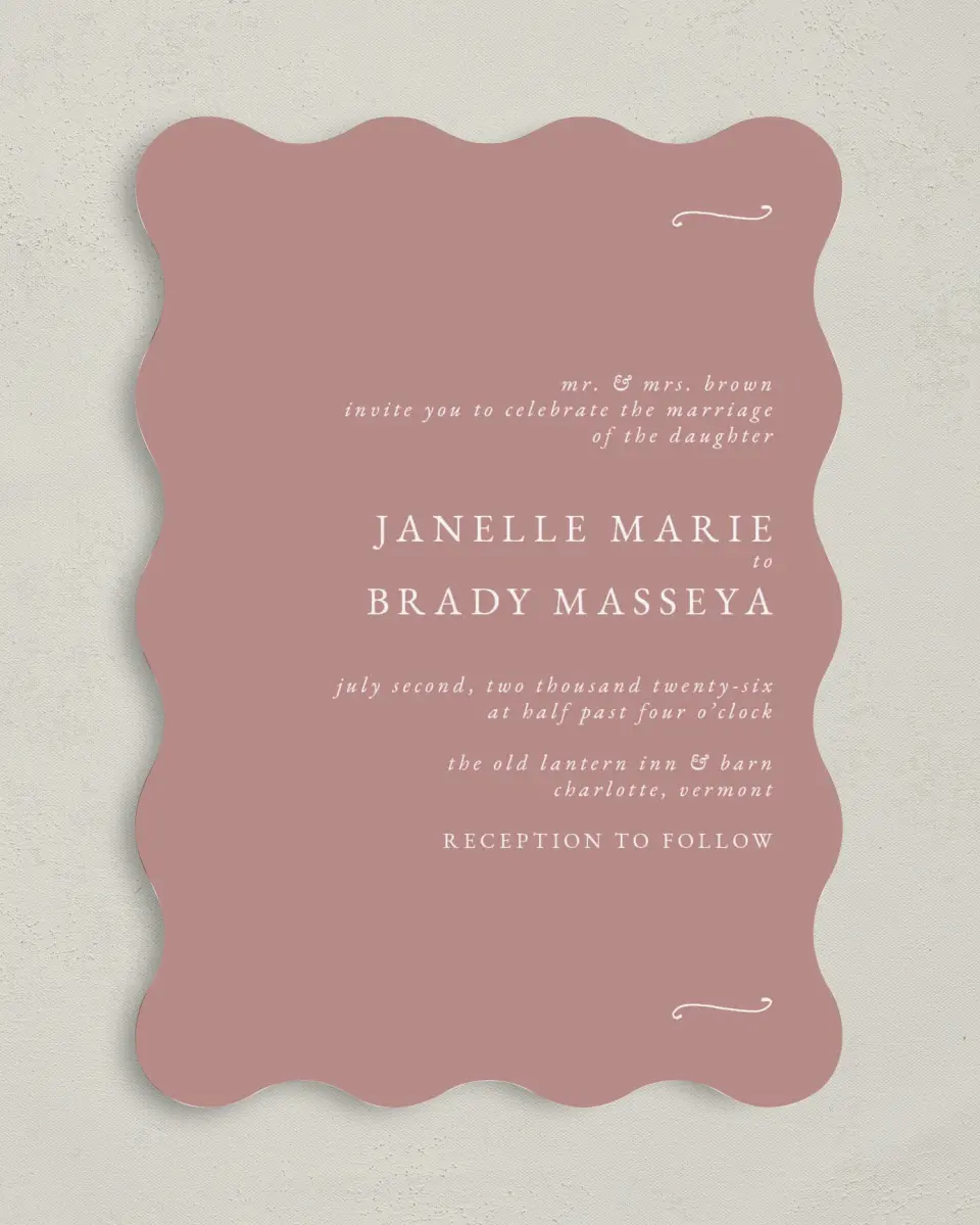 This is a 5" x 7" Wavy Wedding Invitation called Modern Whisper printed in full color on Premium Smooth paper
