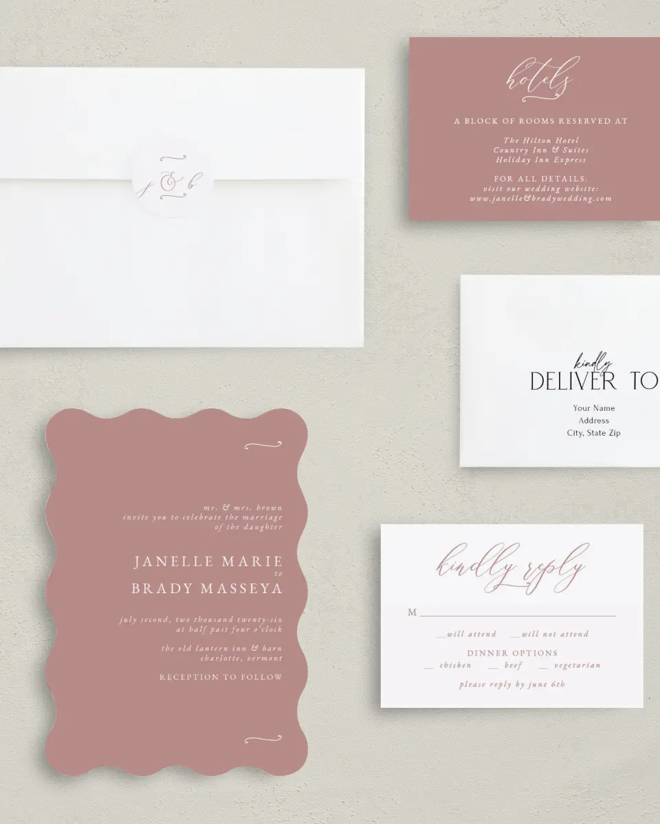 This is a 5" x 7" Wavy Wedding Invitation called Modern Whisper printed in full color with Gold foil on Luxe Satin (coated) paper