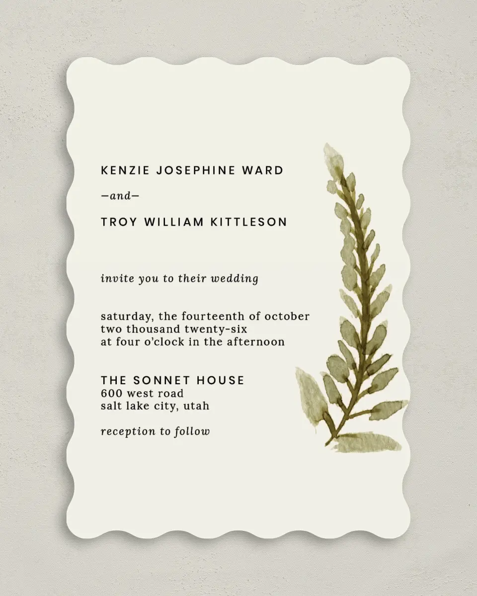 This is a 5" x 7" Wavy Wedding Invitation called Faintly Fall printed in full color on Premium Smooth paper