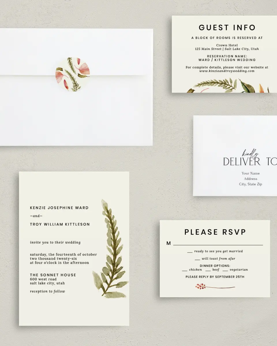 This is a 5" x 7" Classic Wedding Invitation called Faintly Fall printed in full color with Gold foil on Luxe Satin (coated) paper