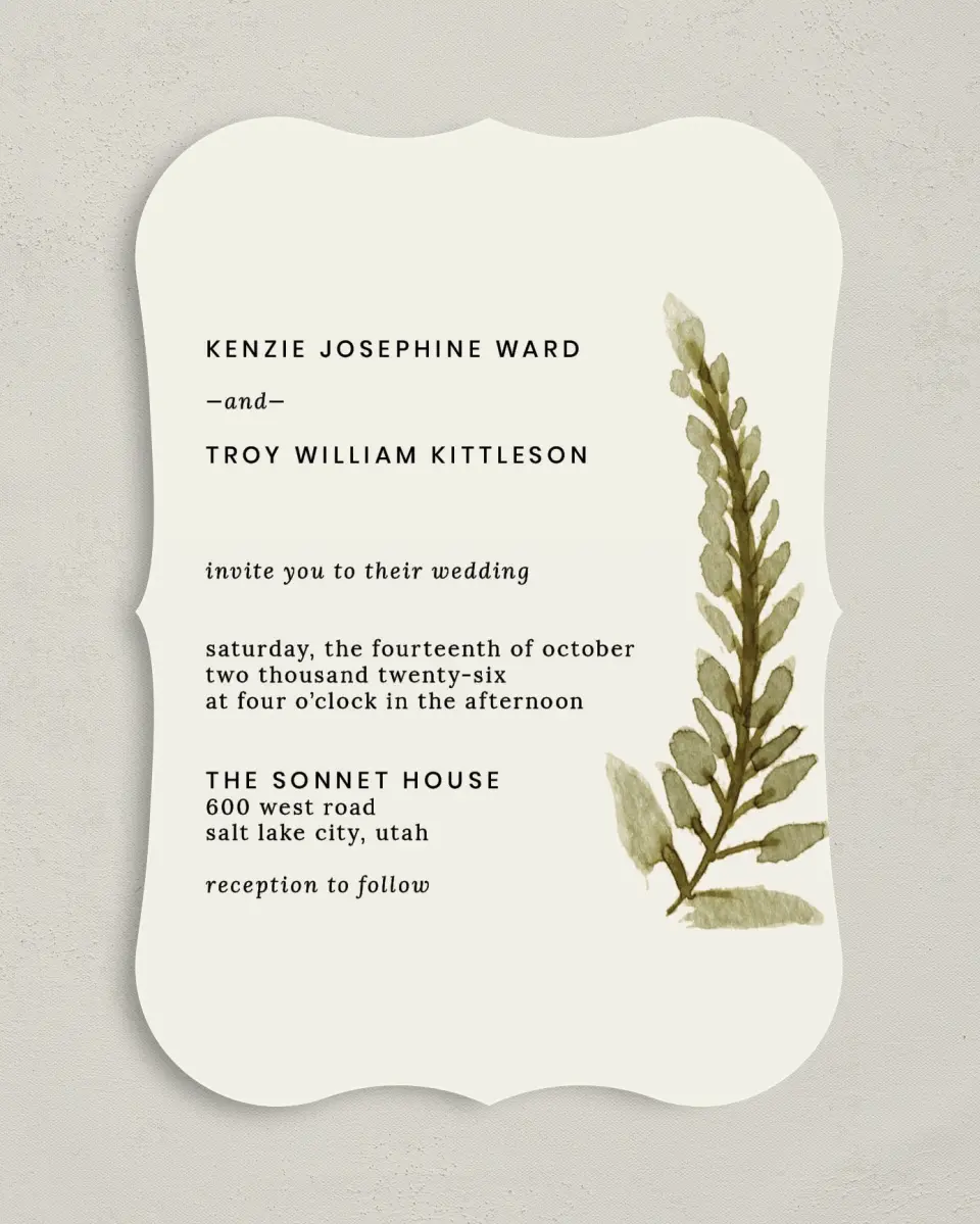 This is a 5" x 7" Bracket Wedding Invitation called Faintly Fall printed in full color on Premium Smooth paper