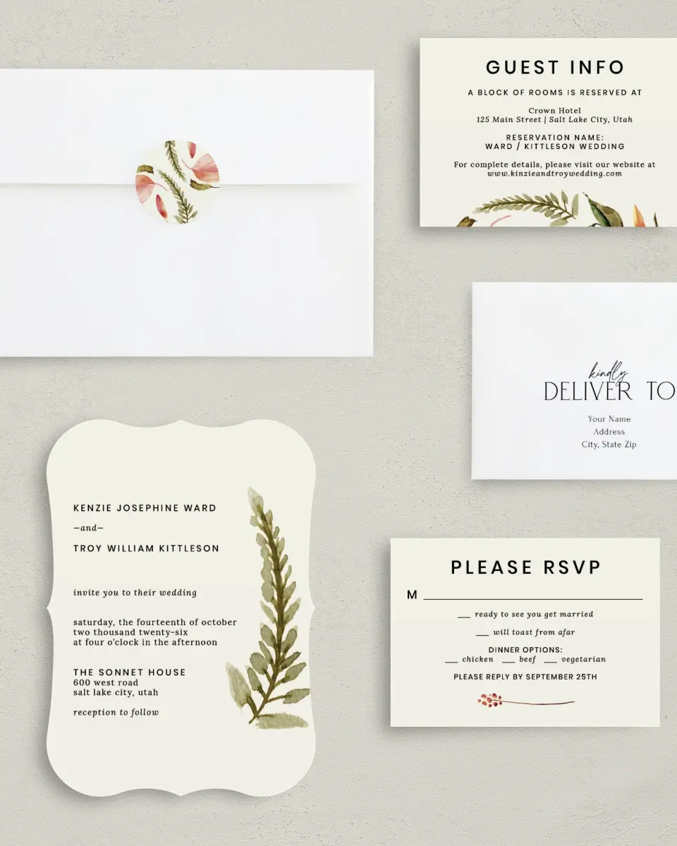This is a 5" x 7" Bracket Wedding Invitation called Faintly Fall printed in full color with Silver foil on Luxe Satin (coated) paper