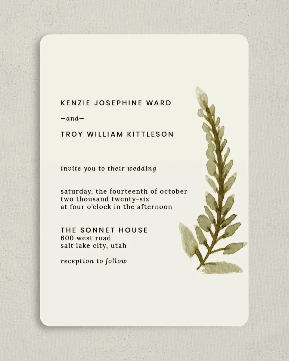 This is a 5" x 7" Rounded Wedding Invitation called Faintly Fall printed in full color on Premium Smooth paper