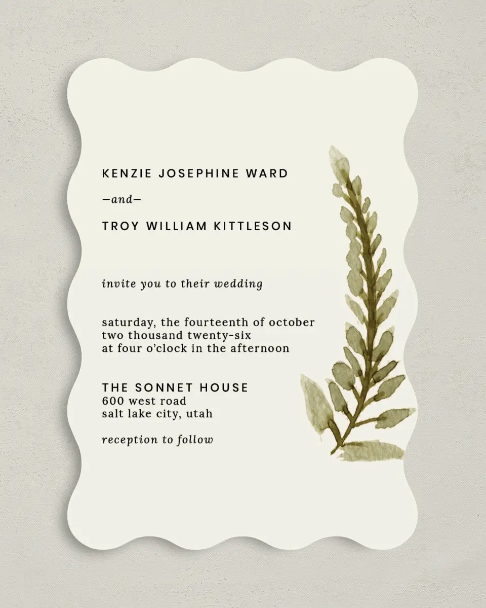 This is a 5" x 7" Wavy Wedding Invitation called Faintly Fall printed in full color on Premium Smooth paper