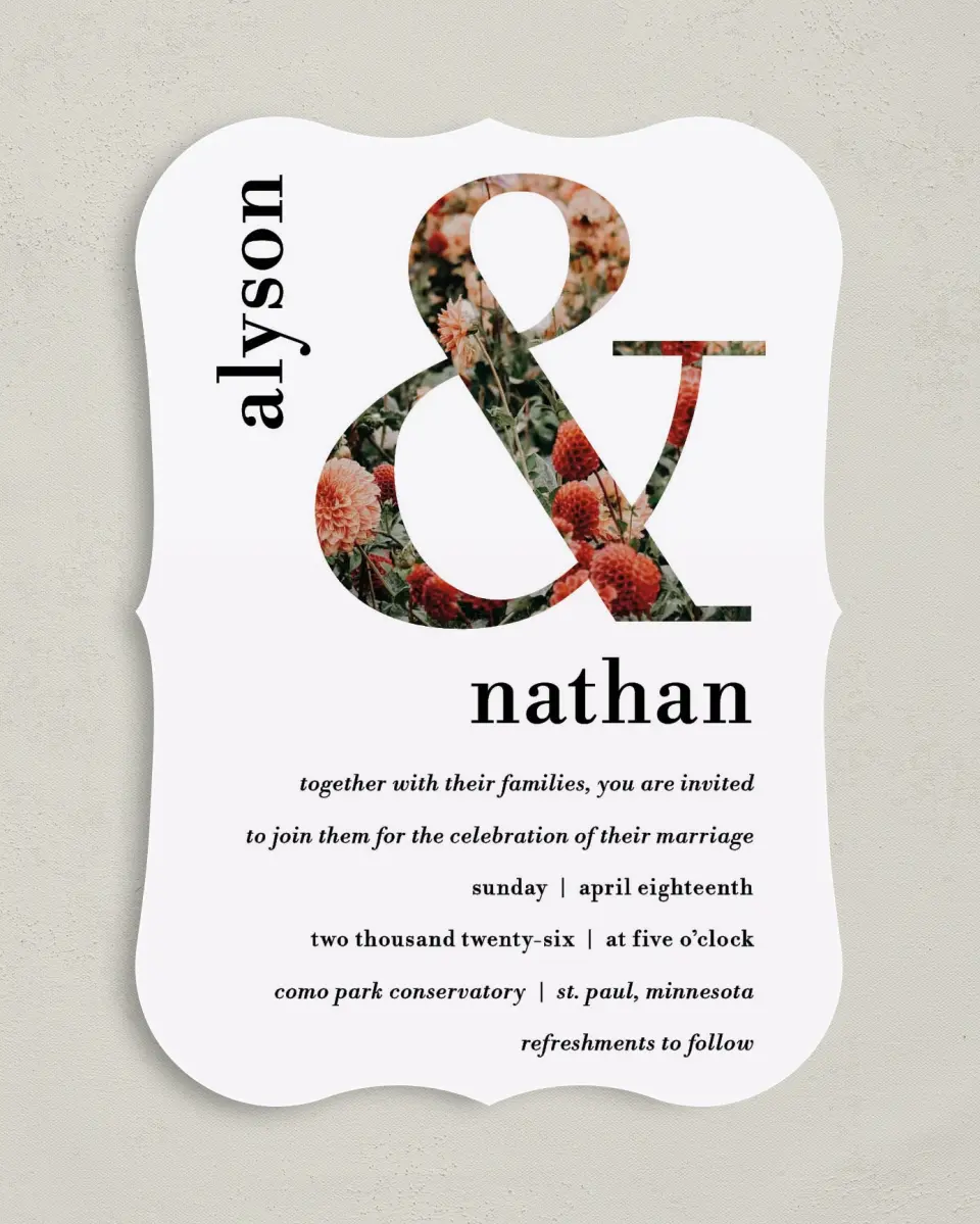 This is a 5" x 7" Bracket Wedding Invitation called Dreamy Meadows printed in full color on Premium Smooth paper