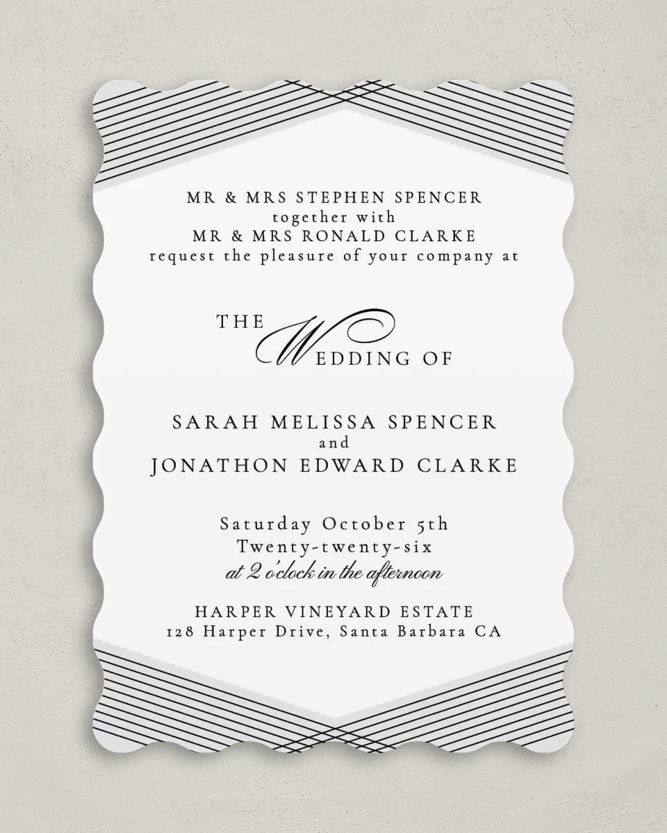 This is a 5" x 7" Wavy Wedding Invitation called Dearest Lines printed in full color on Premium Smooth paper