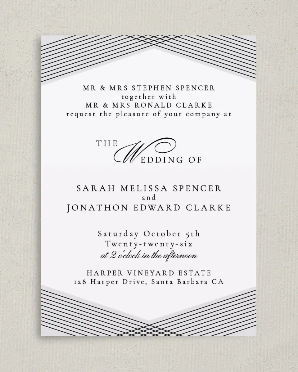 This is a 5" x 7" Classic Wedding Invitation called Dearest Lines printed in full color with Gold foil on Luxe Satin (coated) paper