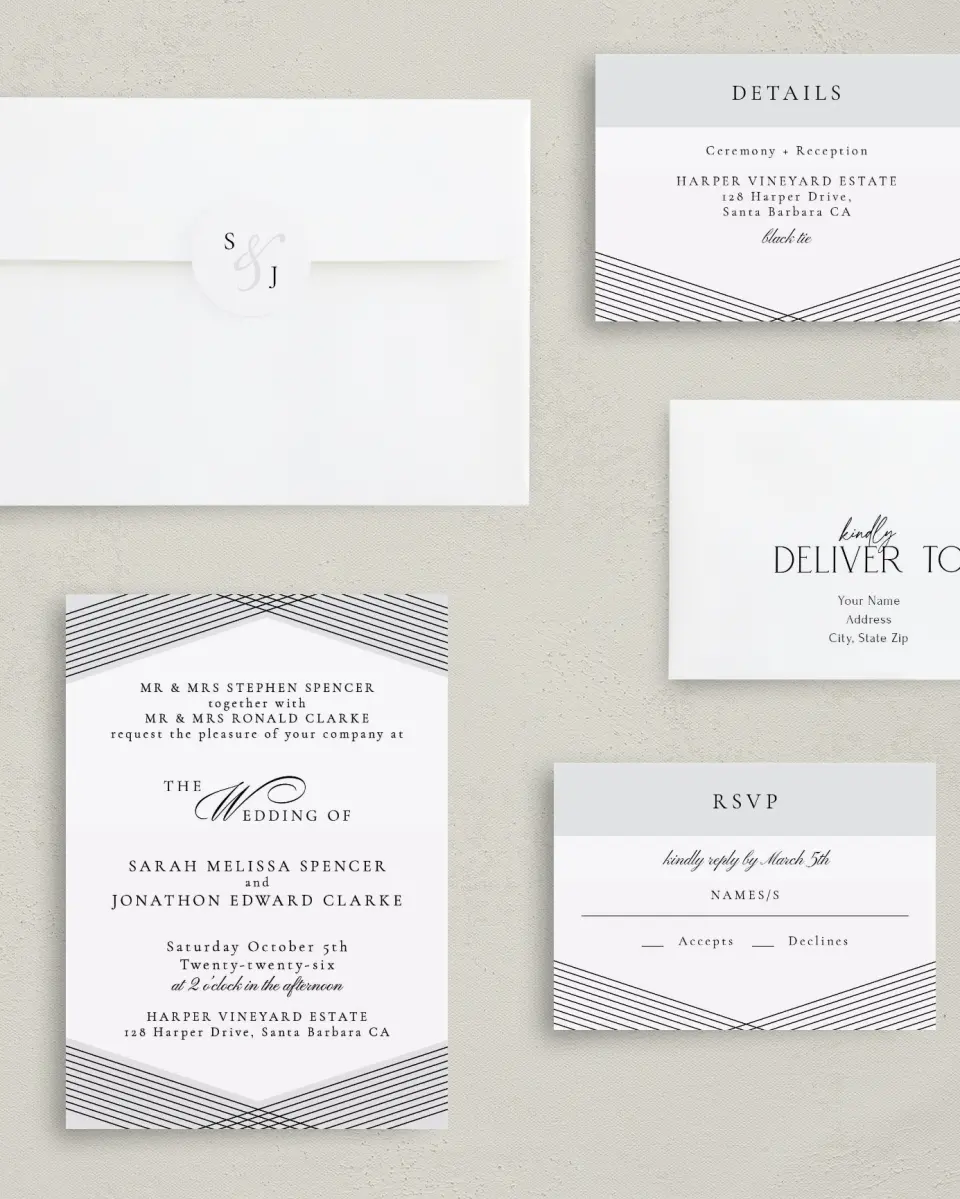 This is a 5" x 7" Classic Wedding Invitation called Dearest Lines printed in full color with Gold foil on Luxe Satin (coated) paper